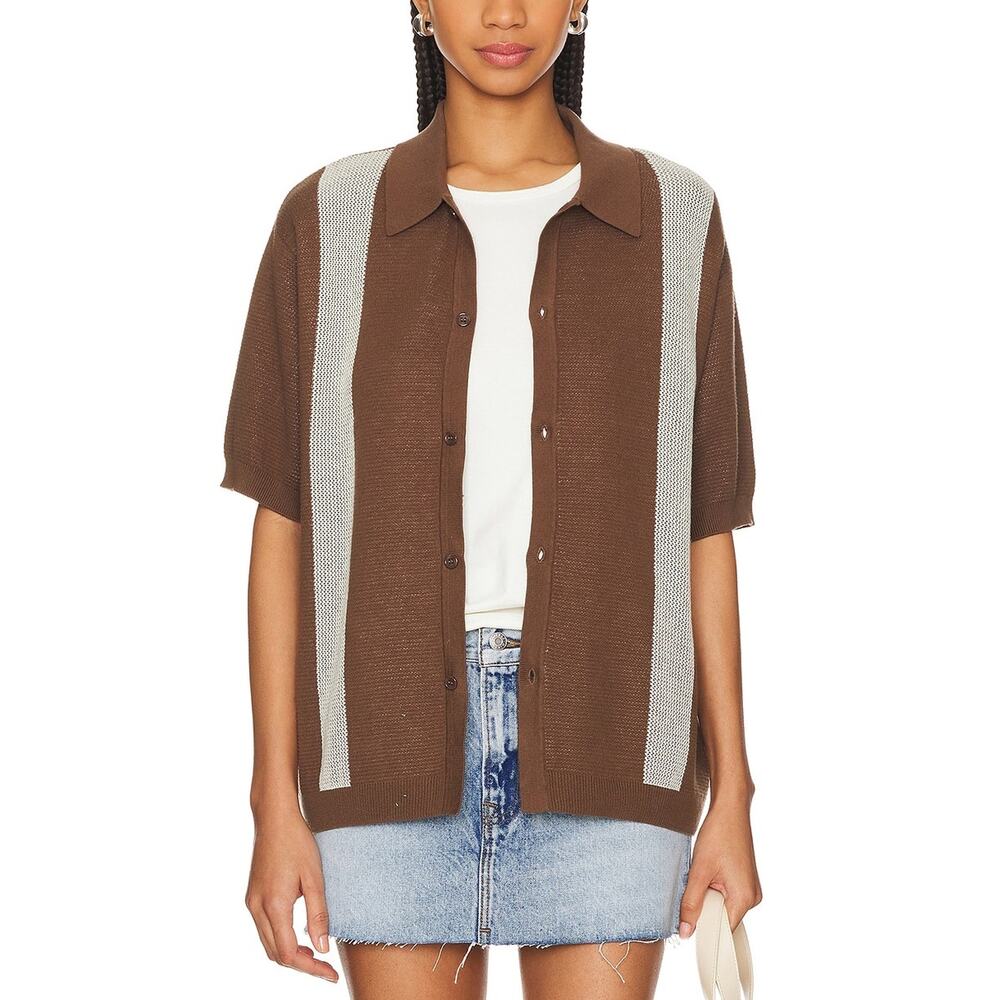 Wao Short Sleeve Knit Brown Cotton Shirt Size L